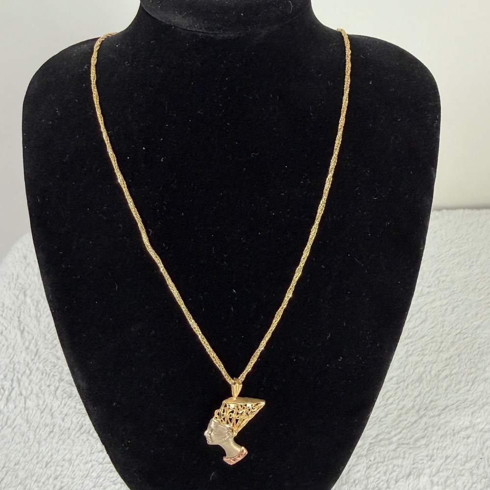 14K Tri Color Queen Nefertiti Pendant Necklace 18 Inch Italian Wheat Chain - Picture 9 of 10